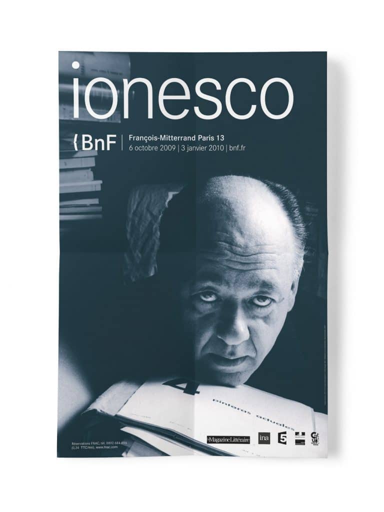 Affiche pour l’exposition Ionesco. BnF © BnF 2009. Eugène Ionesco, 1960. Photo Express Newspapers © Getty Images. 800 x 600 mm
