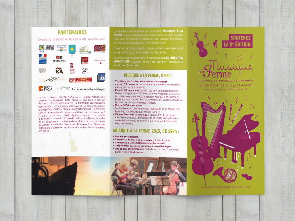 Sponsoring leaflet for the music festival Musique à la Ferme © calliopé studio, 2015