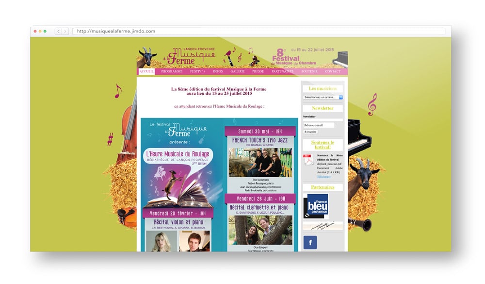 Homepage for the Classical music Festival Musique à la Ferme during the 2015 summer in Provence © calliopé studio 2015
